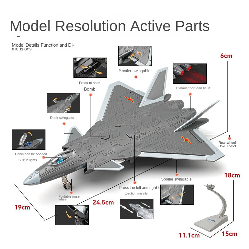 Chezhi 1:84 Scale Licensed J-20 Stealth Fighter Die-Cast Alloy Aircraft Model with Display Stand - Ejectable Missiles, Opening Hatches, Sound & Light, Pull-Back Function - Official Military Aircraft Collection