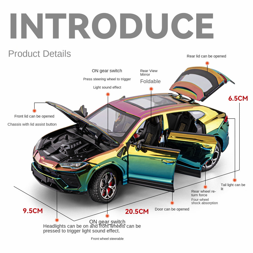 Chezhi 1:24 Scale Chrome Plated Die-Cast Alloy Model Toy Compatible with Lamborghini Urus - Opening Doors, Sound & Light, Pull-Back Function, Shock Absorption, Steering, Horn & Foldable Mirrors - Luxury SUV Collection