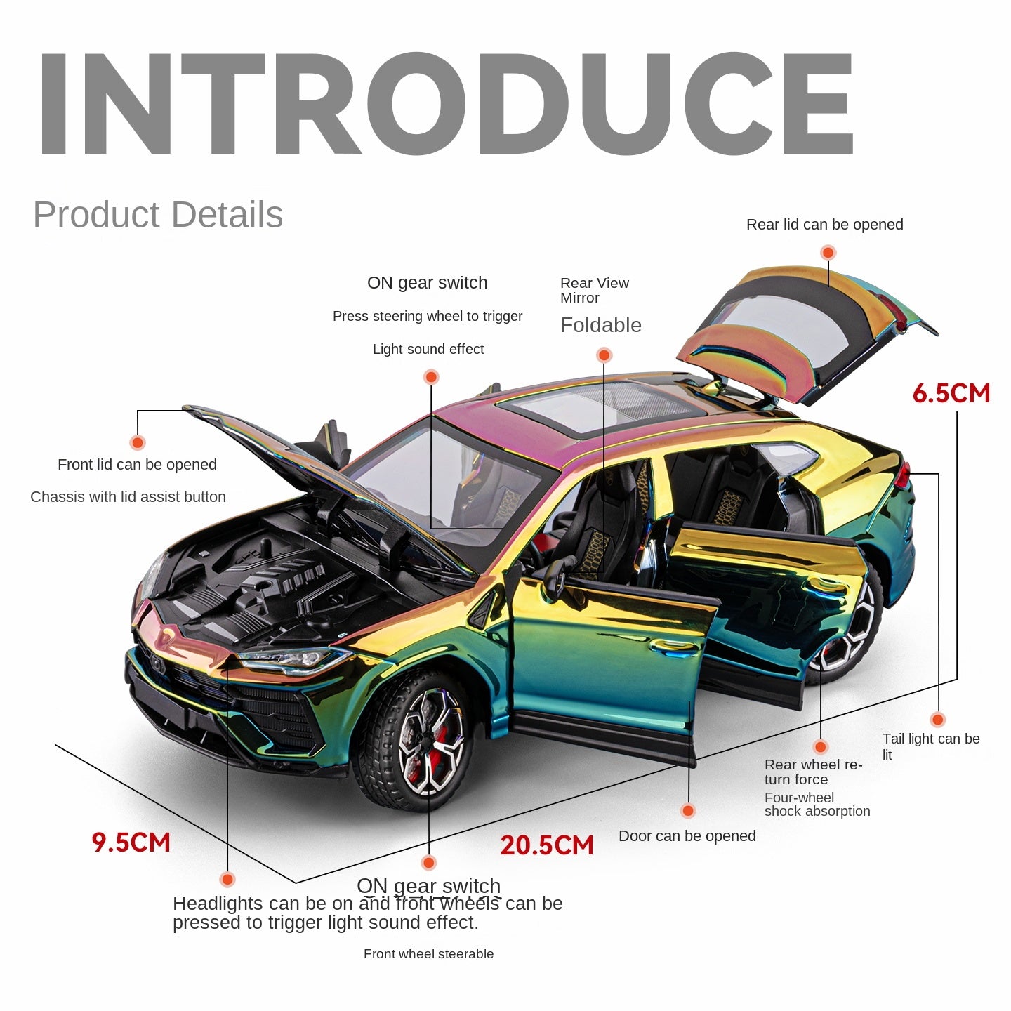 Chezhi 1:24 Scale Chrome Plated Die-Cast Alloy Model Toy Compatible with Lamborghini Urus - Opening Doors, Sound & Light, Pull-Back Function, Shock Absorption, Steering, Horn & Foldable Mirrors - Luxury SUV Collection