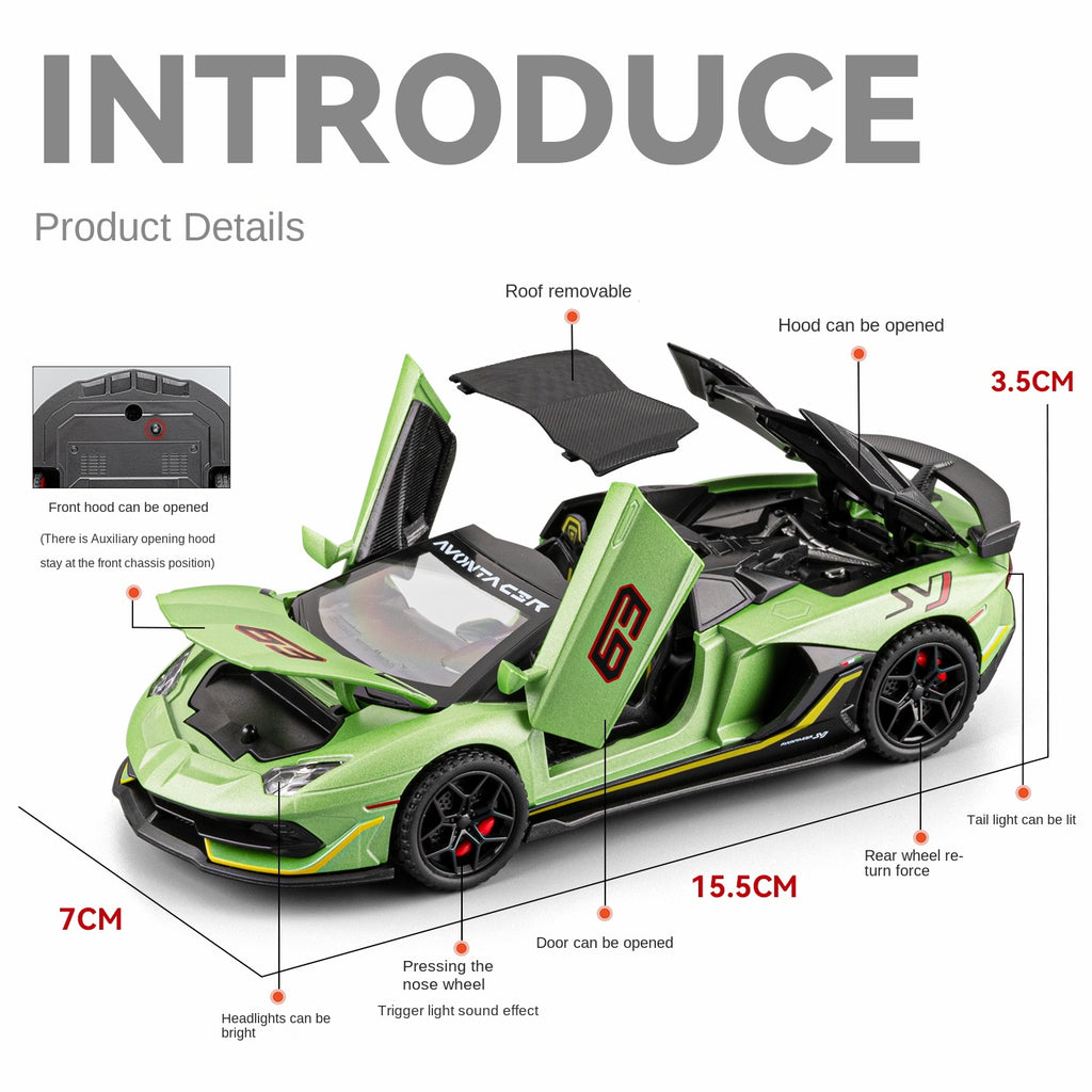 Maqueta de juguete Chezhi a escala 1:32 de aleación fundida a presión compatible con Lamborghini Aventador SVJ63: techo desmontable, puertas que se abren, sonido e iluminación, función de retroceso. Colección de superdeportivos de edición limitada.