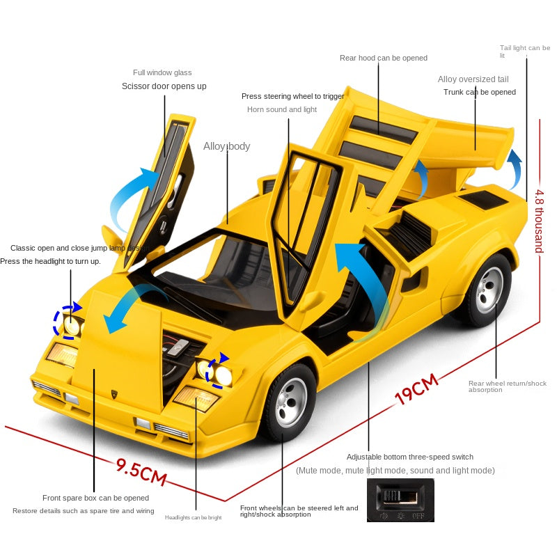 XHD 1:24 Scale Die-Cast Alloy Model Toy Compatible with Lamborghini Countach LP500 S - Pop-Up Headlights, Opening Doors, Sound & Light, Pull-Back Function, Shock Absorption, Steering & Horn - Classic Supercar Collection