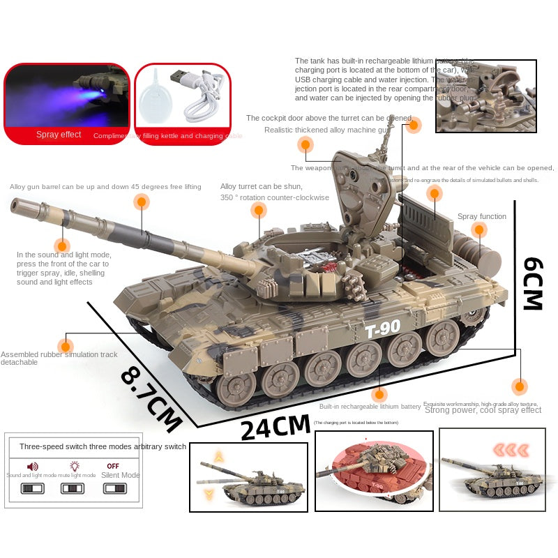 XHD 1:35 Die-Cast Alloy Model - Compatible with Russian T-90 Main Battle Tank - Feature-Packed with Smoke/Spray Effect, Sound & Light, Pull-Back Action & Removable Tracks
