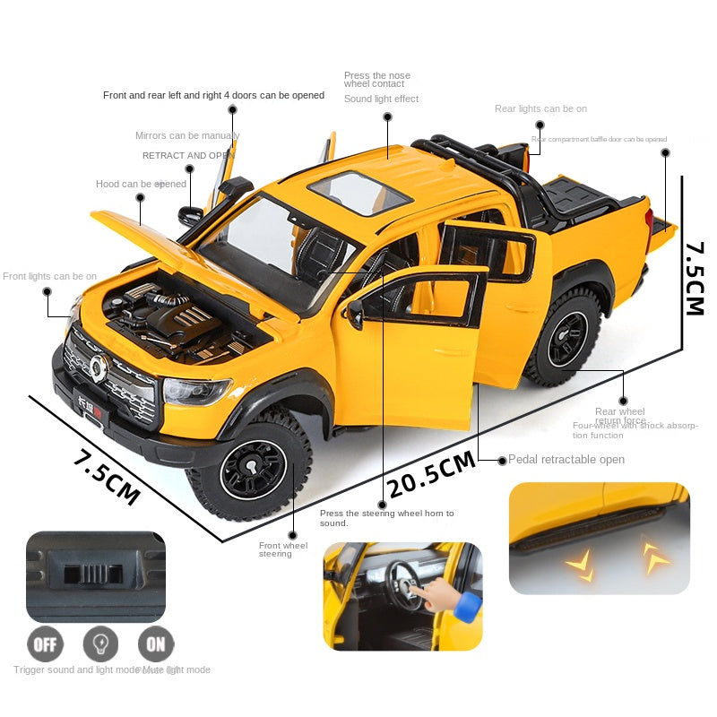 OK 1:24 Scale Die-Cast Alloy Model Toy Compatible with Great Wall Cannon Pickup Truck - Opening Doors, Sound & Light, Pull-Back Function, Shock Absorption, Steering, Horn & Retractable Steps - Off-Road Adventure Collection