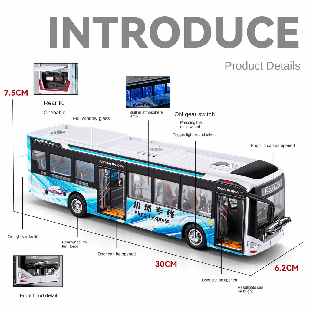 Autobús de nueva energía Chezhi a escala 1:42, modelo de aleación fundida a presión. Puertas que se abren, sonido e iluminación, función de retroceso. Colección de transporte público.