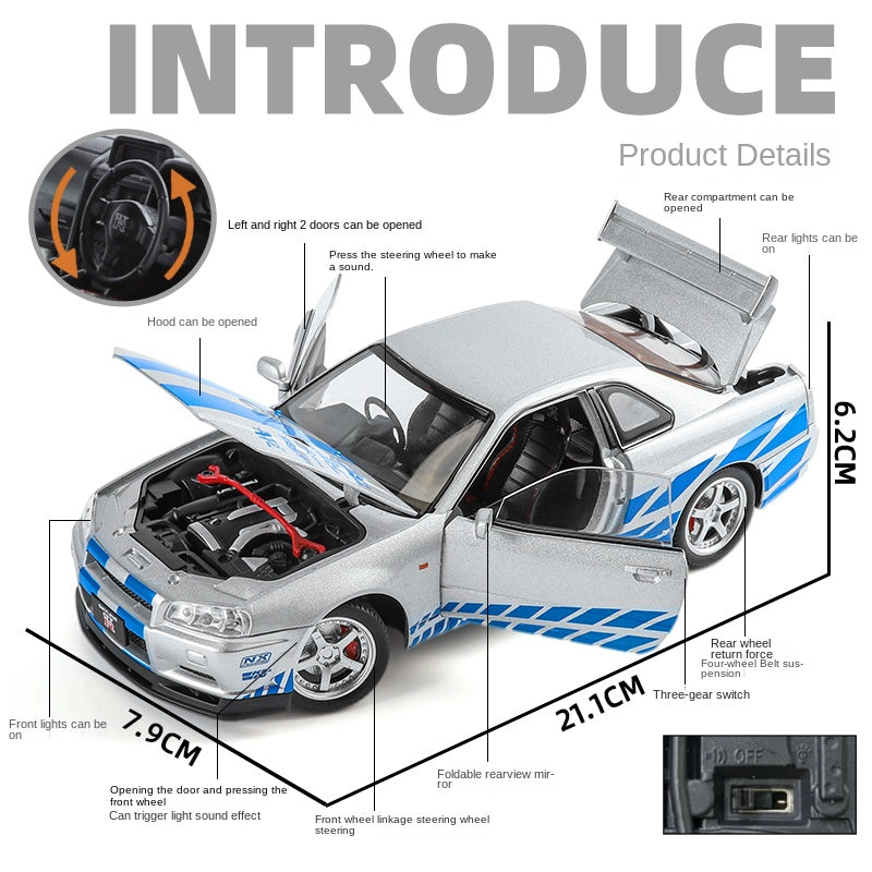 Jinglifang 1:24 Scale Die-Cast Alloy Model Toy Compatible with Nissan Skyline GT-R R34 - Opening Doors, Sound & Light, Pull-Back Function, Shock Absorption & Steering - JDM Sports Car Collection