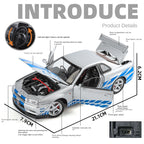 Jinglifang 1:24 Scale Die-Cast Alloy Model Toy Compatible with Nissan Skyline GT-R R34 - Opening Doors, Sound & Light, Pull-Back Function, Shock Absorption & Steering - JDM Sports Car Collection