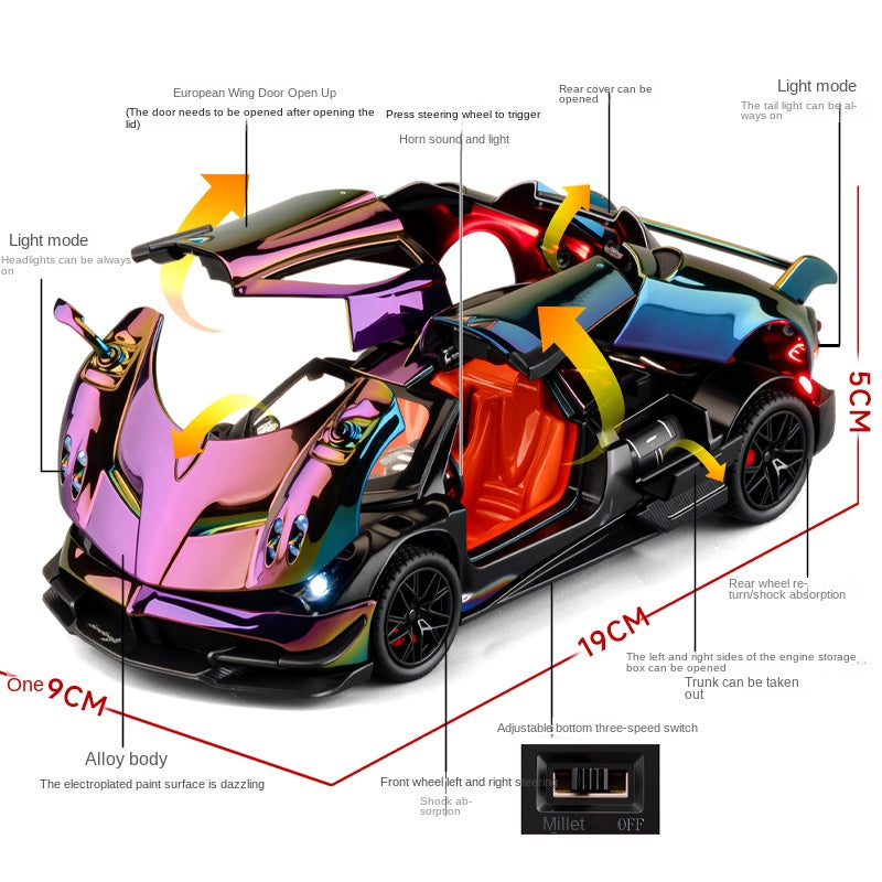 Maqueta de juguete de aleación fundida a presión XHD a escala 1:24, edición cromada, compatible con Pagani Huayra BC: puertas que se abren, sonido e iluminación, función de retroceso, amortiguación, dirección y bocina - Colección Hypercar