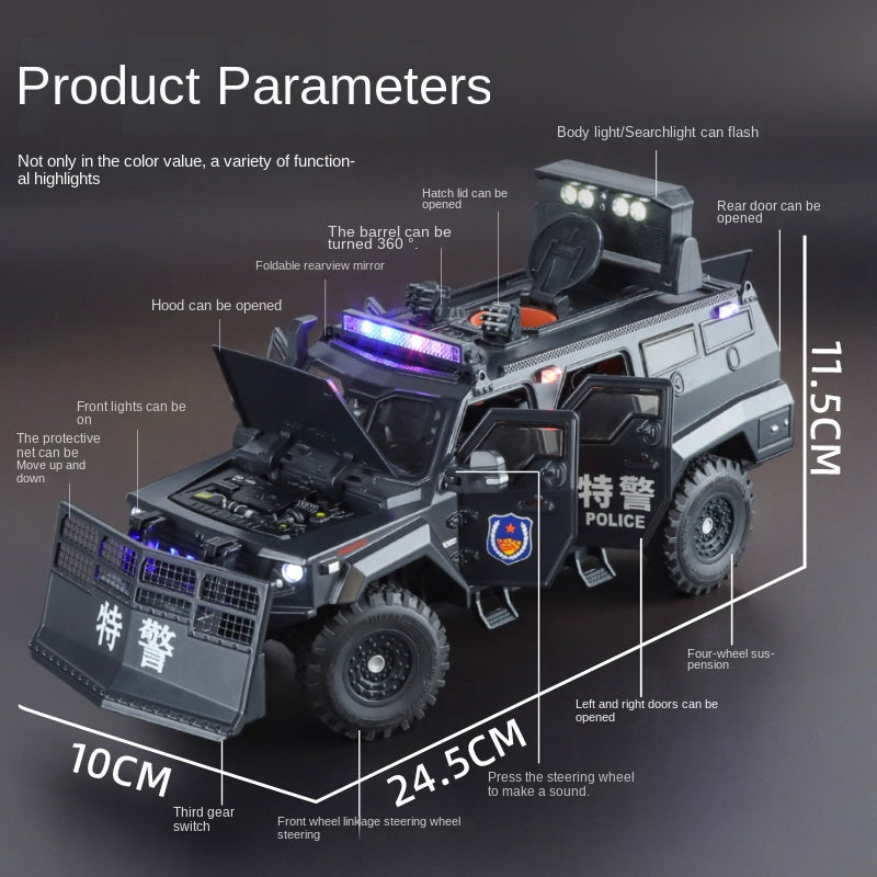 OK 1:24 Die-Cast Alloy Riot Control & Dispersion Vehicle “Spinosaurus” Model - with Deployable Protective Mesh, Opening Doors, Sound & Light, Pull-Back Action, Shock Absorption & Interactive Steering Wheel