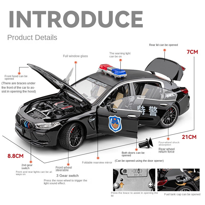 Chezhi 1:24 Die-Cast Alloy Model - Compatible with BMW M8 - Police Pursuit Vehicle with Opening Doors, Sound & Light, Pull-Back Action, Shock Absorption, Steering, Foldable Mirrors & Opening Fuel Cap