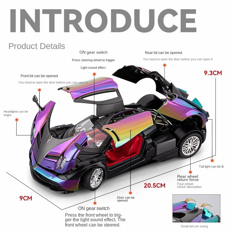 Modelo de juguete Chezhi de aleación fundida a presión, edición cromada, escala 1:24, compatible con Pagani Zonda C12: puertas que se abren, sonido e iluminación, función de retroceso, amortiguación, dirección y bocina - Colección de superdeportivos