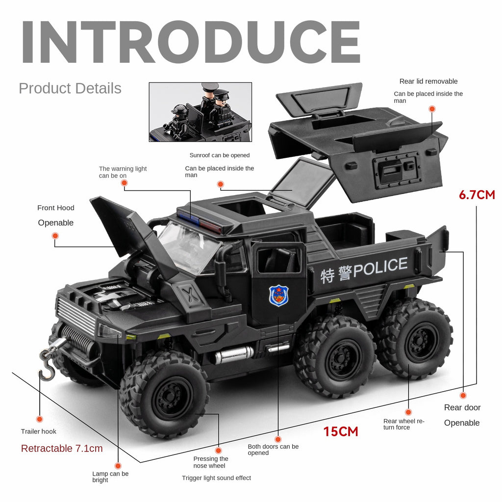 Chezhi 1:32 Scale Die-Cast Alloy Model Toy Compatible with 6x6 Conqueror Police Vehicle - Police Lights & Siren, Opening Doors, Sound & Light, Pull-Back Function, Openable Sunroof & Removable Rear Cover - Law Enforcement Vehicle Collection