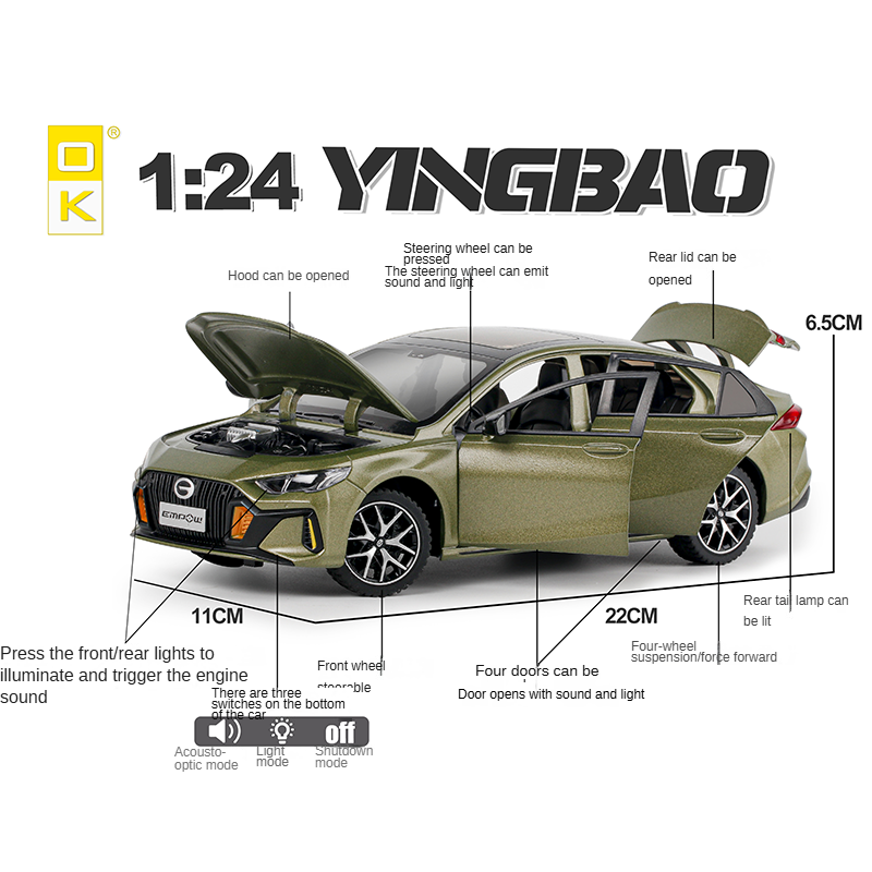OK 1:24 Scale Die-Cast Alloy Model Toy Compatible with GAC Trumpchi Emkoo - Opening Doors, Sound & Light, Pull-Back Function, Shock Absorption, Steering & Horn - Sports Sedan Collection