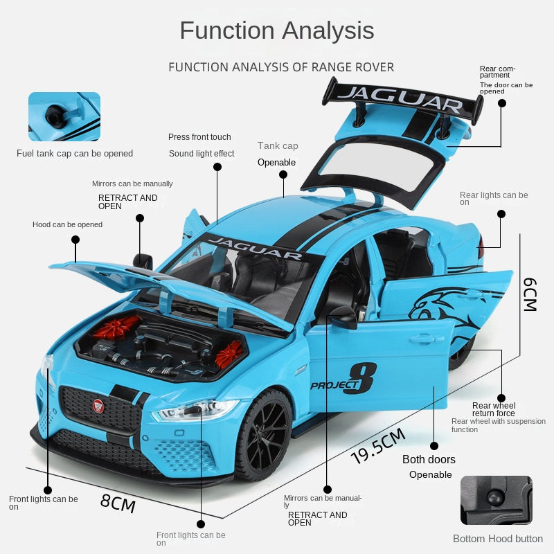 Qiyi 1:24 Scale Licensed Jaguar XE SV Project 8 Die-Cast Alloy Model Toy - Opening Doors, Sound & Light, Pull-Back Function, Shock Absorption, Removable Fuel Cap & Foldable Mirrors - Official Performance Sedan Collection