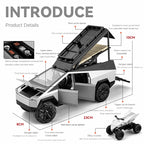 Chezhi 1:24 Scale Die-Cast Alloy Model Toy Compatible with Tesla Cybertruck Camper - with Mini Motorcycle, Openable Multi-Level Roof, Rotatable Kitchenware, Opening Doors, Sound & Light, Pull-Back Function & Shock Absorption