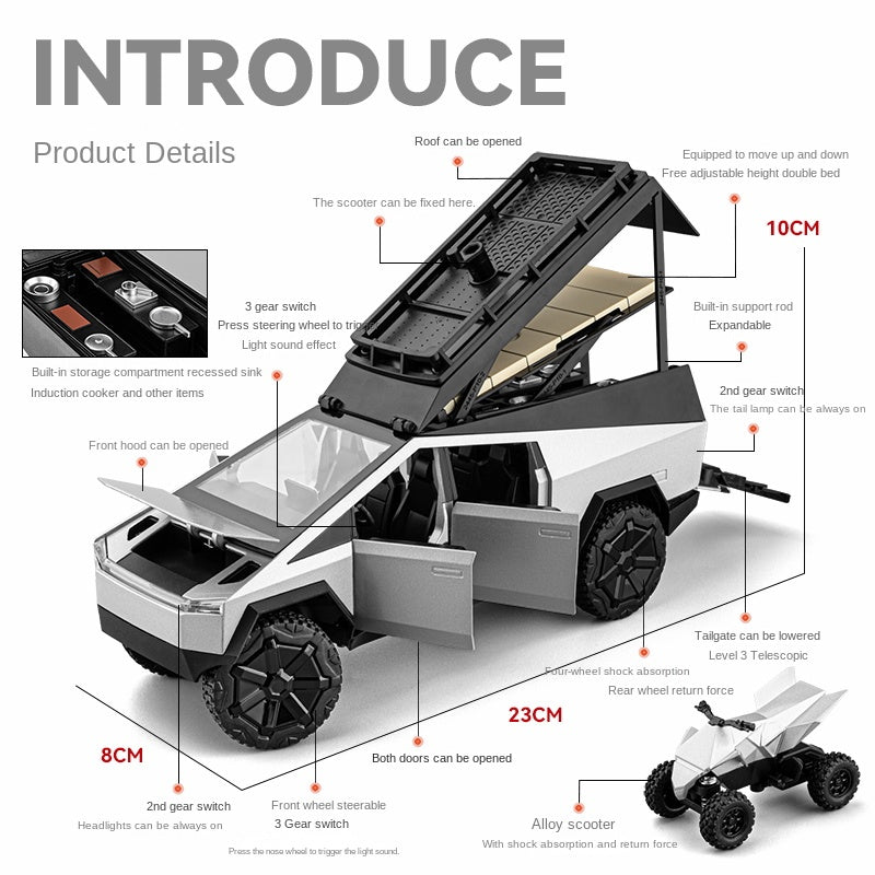 Chezhi 1:24 Scale Die-Cast Alloy Model Toy Compatible with Tesla Cybertruck Camper - with Mini Motorcycle, Openable Multi-Level Roof, Rotatable Kitchenware, Opening Doors, Sound & Light, Pull-Back Function & Shock Absorption