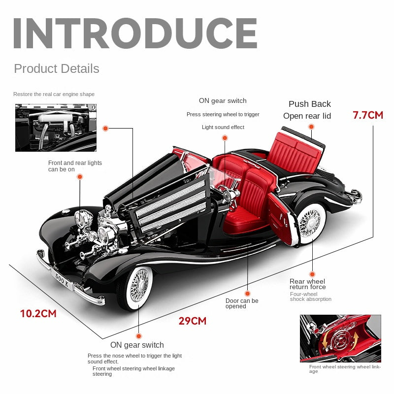 Chezhi 1:18 Scale Die-Cast Alloy Model Toy Compatible with Mercedes-Benz 500K - Opening Doors, Sound & Light, Pull-Back Function, Shock Absorption, Steering & Horn - Classic Vintage Car Collection