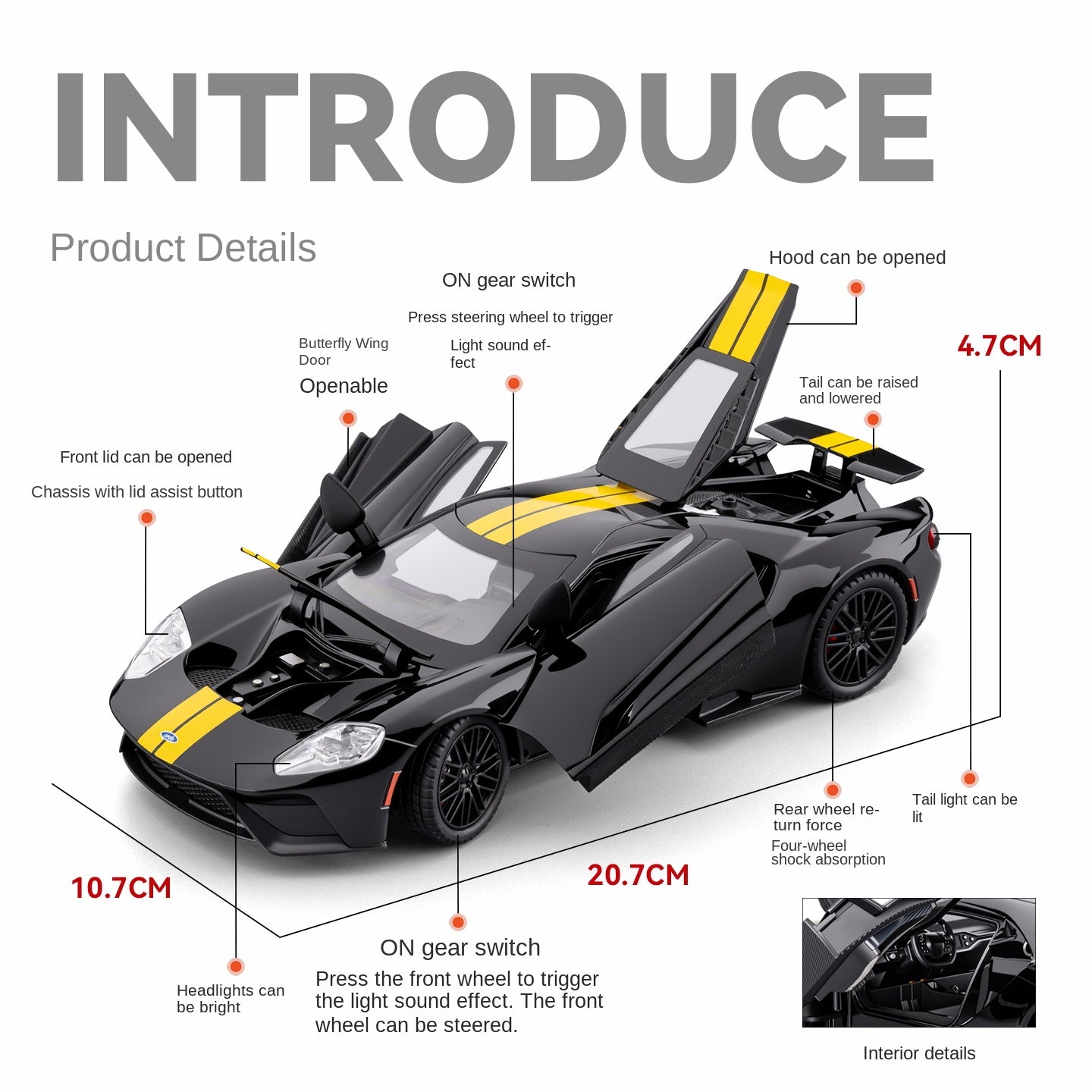 Chezhi 1:24 Scale Die-Cast Alloy Model Toy Compatible with Ford GT - Opening Doors, Sound & Light, Pull-Back Function, Shock Absorption, Steering, Horn & Adjustable Rear Wing - Supercar Collection