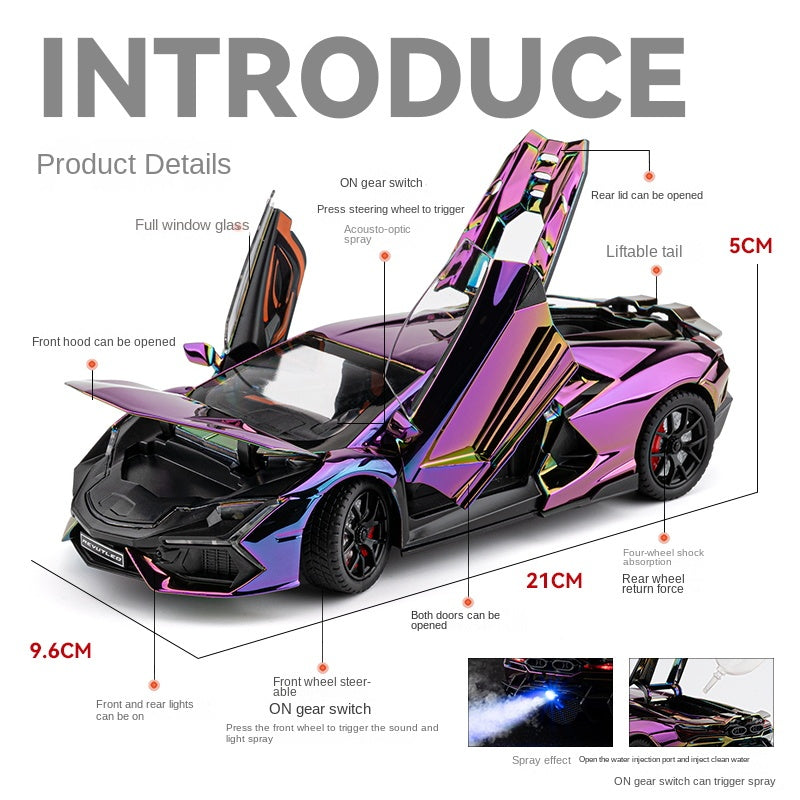 Chezhi 1:24 Chrome Edition Die-Cast Alloy Model - Compatible with Lamborghini Revuelto - Flagship Hybrid Hypercar with Spray Effect, Opening Doors, Sound & Light, Pull-Back Action, Shock Absorption & Adjustable Rear Wing