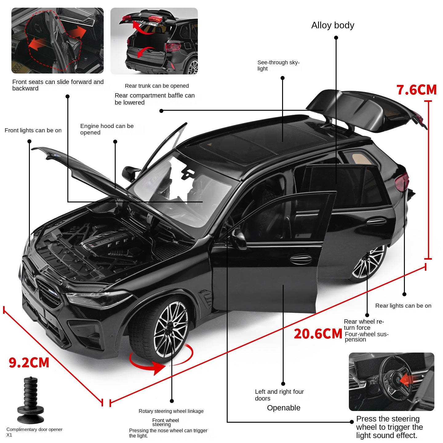 Black Mamba 1:24 Scale Licensed BMW X5 M Die-Cast Alloy Model Toy - Opening Doors, Sound & Light, Pull-Back Function, Shock Absorption, Steering, Horn & Adjustable Seats - Luxury Performance SUV Collection