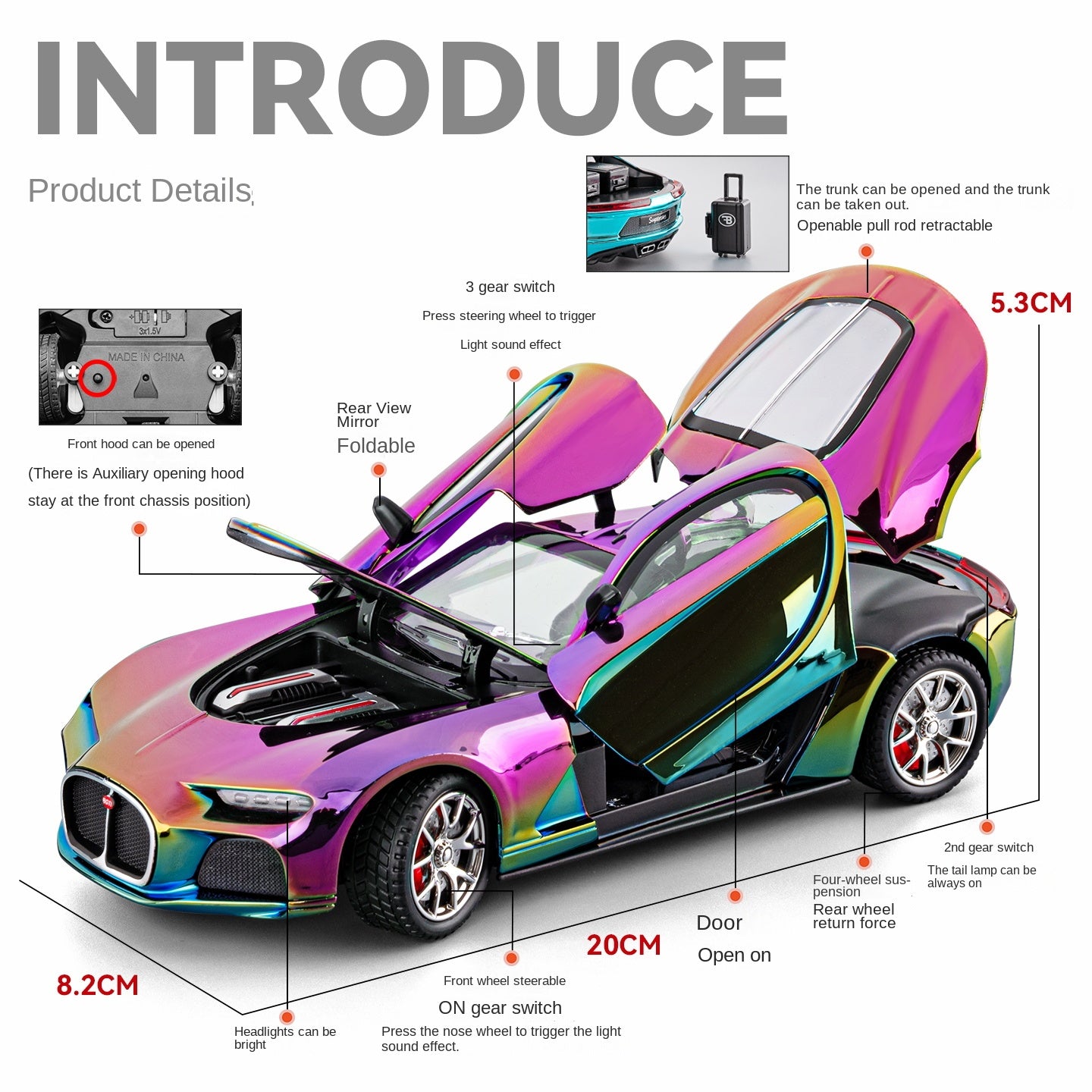 Chezhi 1:24 Scale Chrome Edition Die-Cast Alloy Model Toy Compatible with Bugatti Atlantic - with Mini Luggage Set, Opening Doors, Sound & Light, Pull-Back Function, Shock Absorption, Steering & Horn - Classic Car Collection