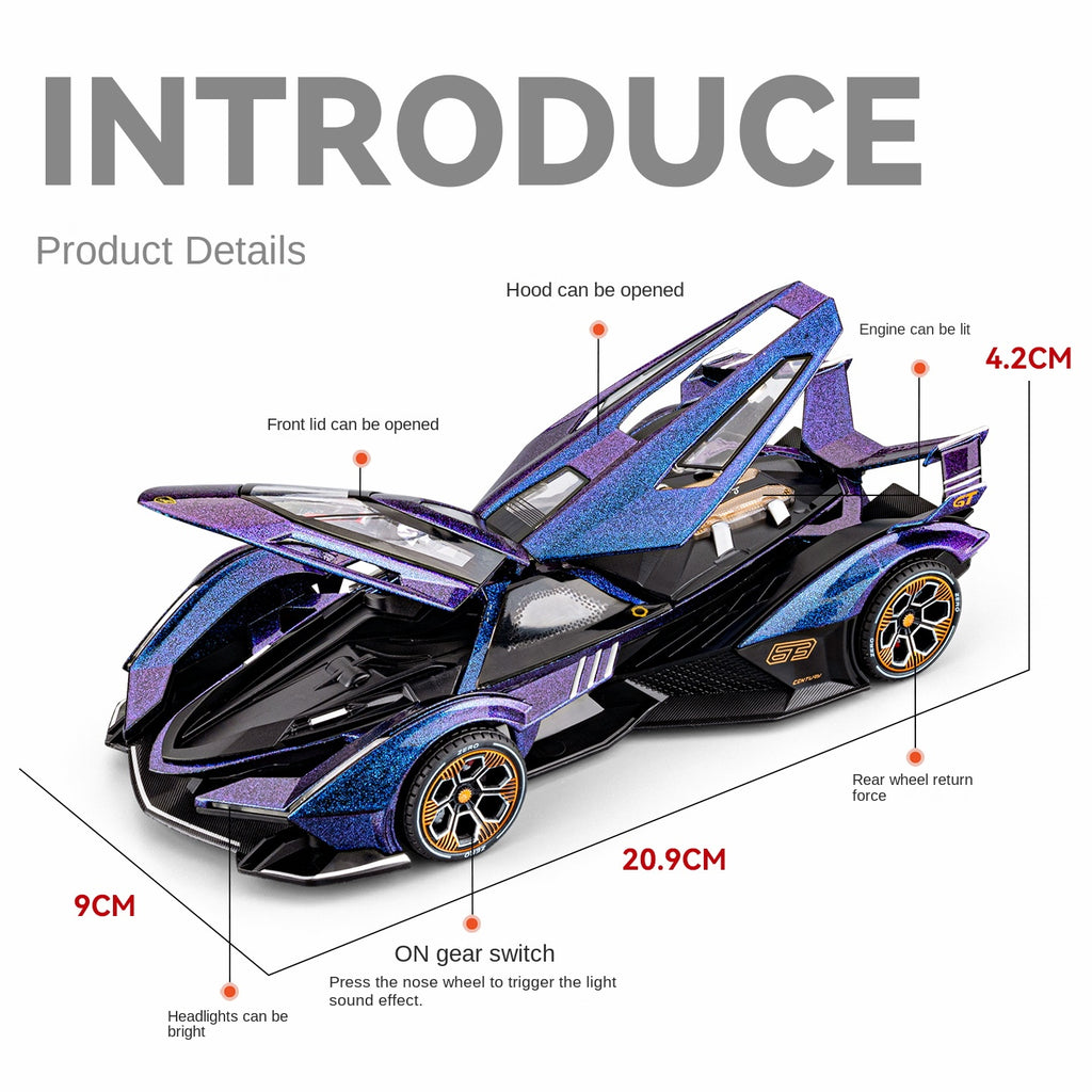 Modelo de juguete Chezhi a escala 1:24 de aleación fundida a presión compatible con Lamborghini V12 Vision Gran Turismo: puertas que se abren, sonido e iluminación, función de retroceso. Colección de prototipos.