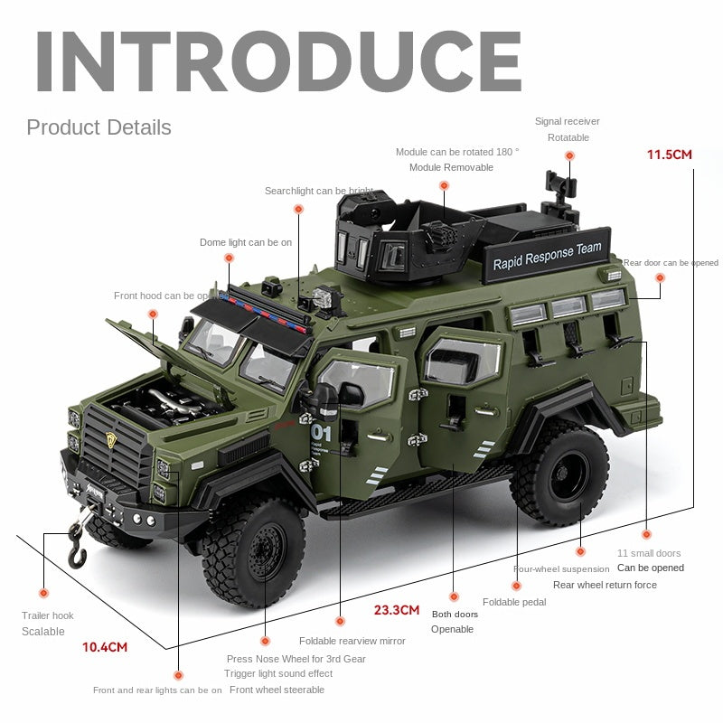 Chezhi 1:24 Licensed “Sabertooth” Armored Riot Control Vehicle Die-Cast Alloy Model - Official Police Tactical Vehicle with Extendable Winch, Foldable Running Board, Opening Doors, Sound & Light, Pull-Back Action, Shock Absorption & Steering