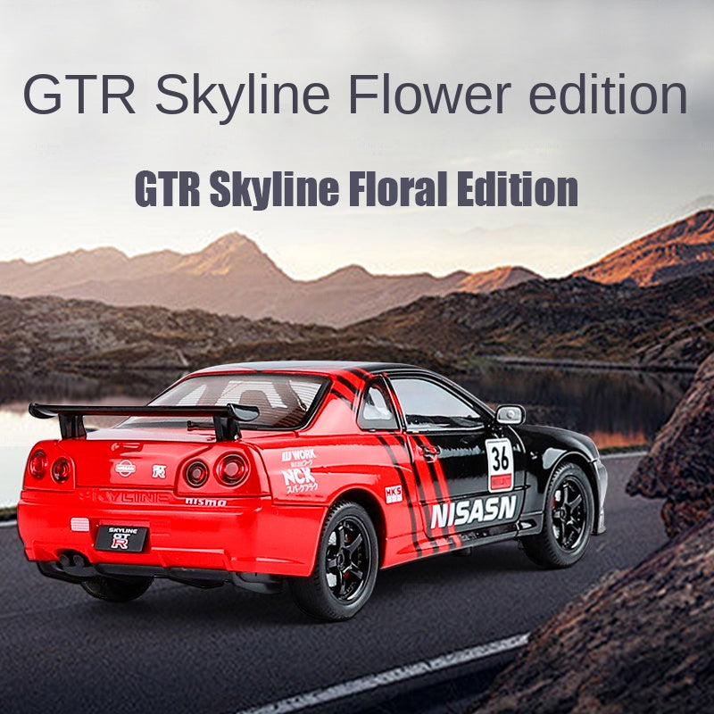 Jin Lifang 1:24 Die-Cast Alloy Model - Compatible with Nissan Skyline GT-R (R34) - JDM Icon with Racing Livery, Opening Doors, Sound & Light, Pull-Back Action, Shock Absorption & Interactive Steering