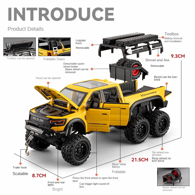 Chezhi 1:24 Die-Cast Alloy Model - Compatible with Dodge Ram Mammoth - Off-Road Pickup Truck with Truck Bed, Roof Rack & Tools, Opening Doors, Sound & Light, Pull-Back, Shock Absorption, Winch & Foldable Mirrors
