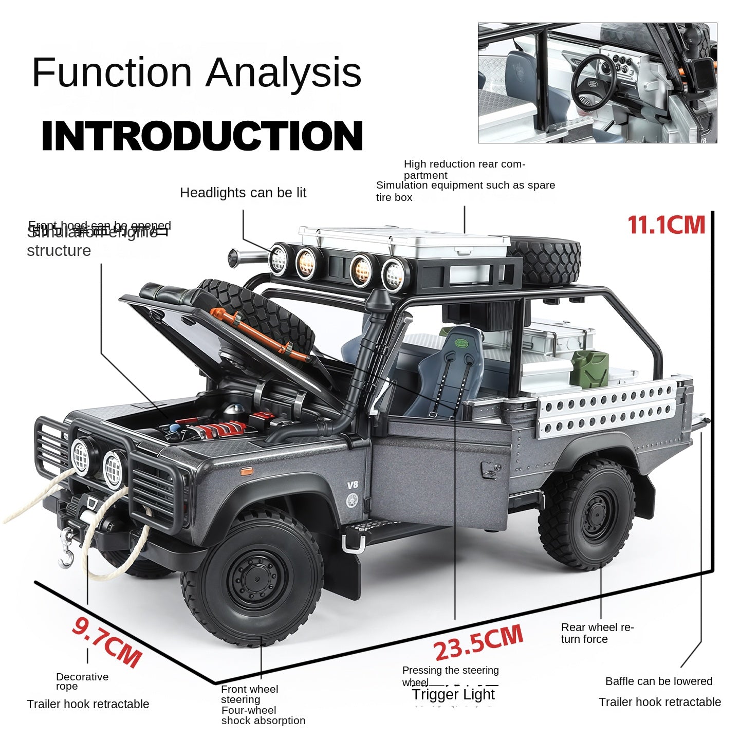 Jin Lifang 1:24 Die-Cast Alloy Model - Compatible with Land Rover Defender Off-Road Edition - Feature-Packed with Detachable Roof Accessories, Winch, Opening Doors, Realistic Sound & Light, Pull-Back Action & Shock Absorption - Collector's Edition
