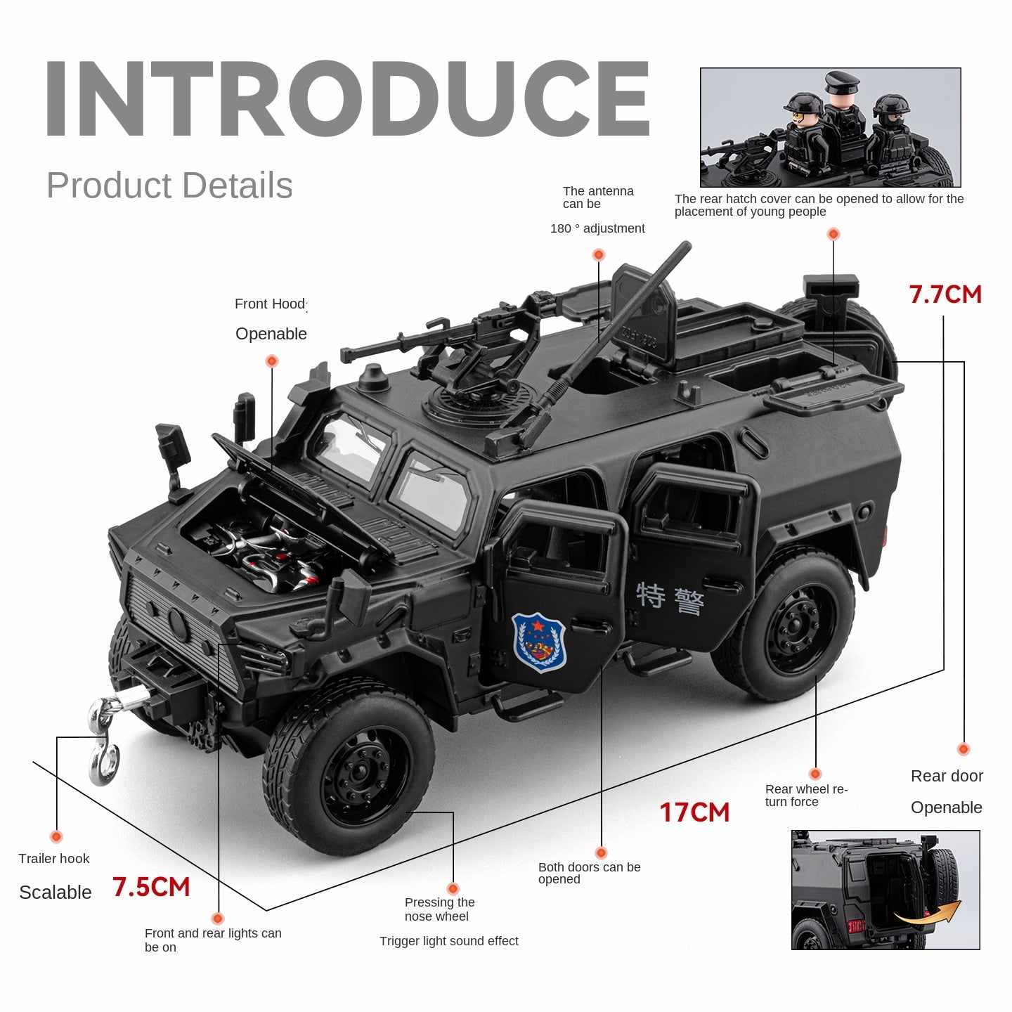 Vehículo blindado policial Dongfeng Mengshi Chezhi a escala 1:32, modelo de aleación fundida a presión. Cabrestante retráctil, puertas que se abren, sonido e iluminación, función de retroceso. Colección de vehículos policiales.
