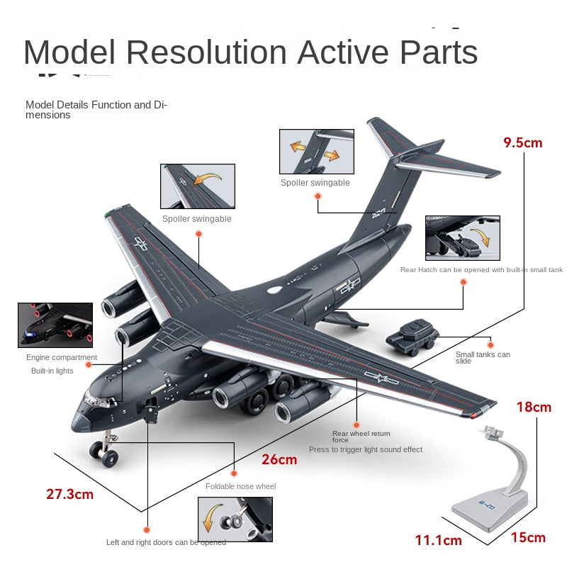 Chezhi 1:180 Licensed Xian Y-20 "Kunpeng" Die-Cast Alloy Model - Official Military Transport Aircraft with Display Stand, Opening Cargo Door, Retractable Nose Gear, Movable Control Surfaces, Sound & Light & Pull-Back Action