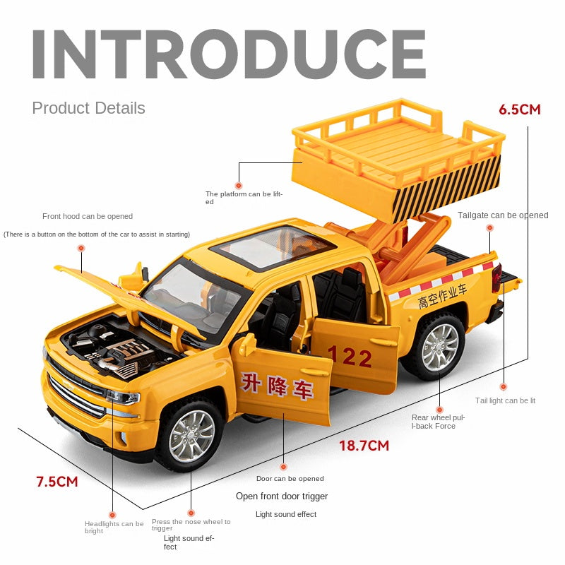 Chezhi 1:32 Scale Die-Cast Alloy Model Toy Compatible with Chevrolet Pickup - Aerial Platform / Rescue Truck, Opening Doors, Sound & Light, Pull-Back Function