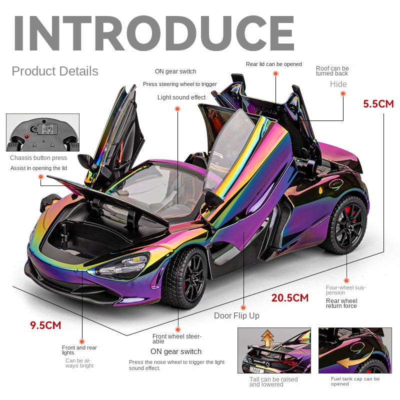 Chezhi 1:24 Scale Chrome Edition Die-Cast Alloy Model Toy Compatible with McLaren 720S - Retractable Roof Panel, Opening Doors, Sound & Light, Pull-Back Function, Shock Absorption, Steering & Horn - Supercar Collection