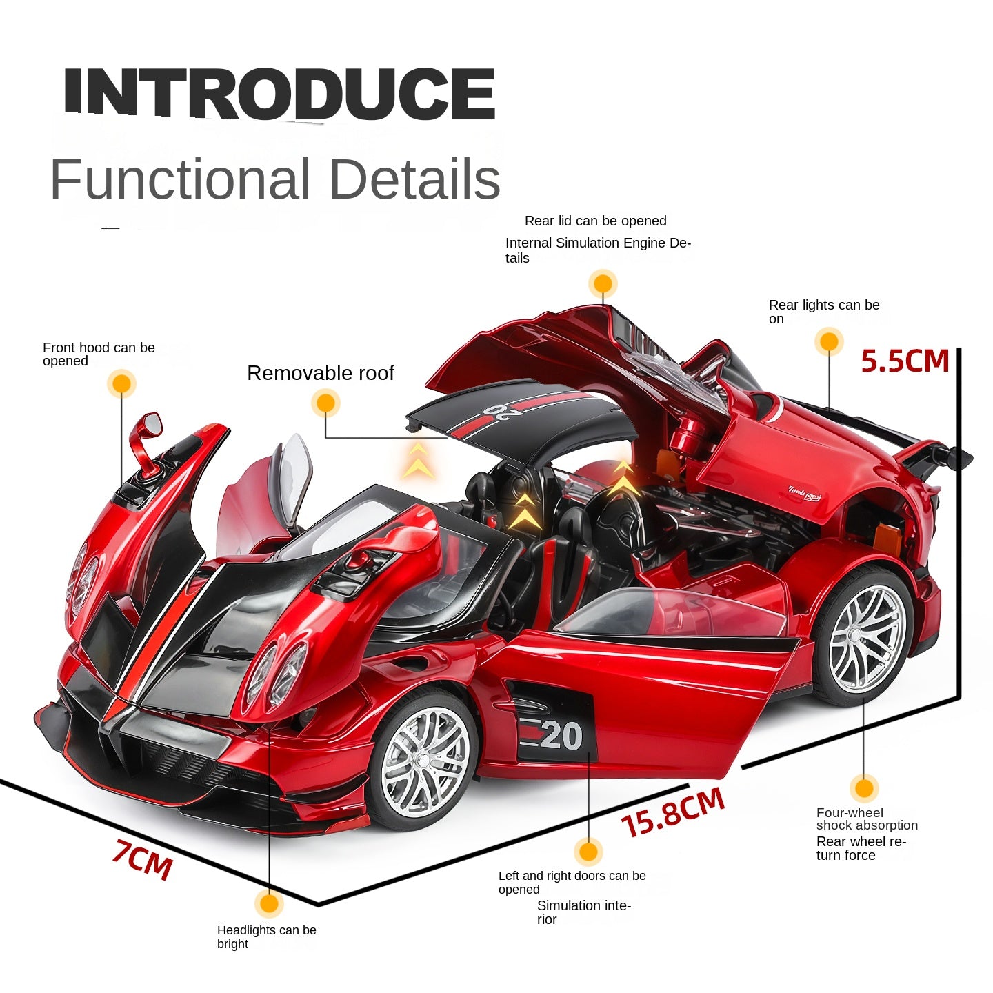 Juguete modelo de aleación fundida a presión a escala 1:30 compatible con Pagani Huayra BC: techo desmontable, puertas que se abren, sonido e iluminación, función de retroceso y amortiguación - Colección Hypercar