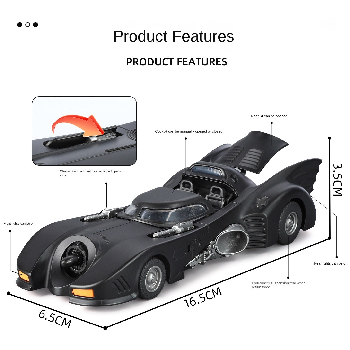 Batimóvil Qiyi de 1989, modelo de aleación fundida a presión, escala 1:32, con licencia. Incluye capota abatible, sonido e iluminación, función de retroceso y amortiguación. Colección de vehículos de la película.