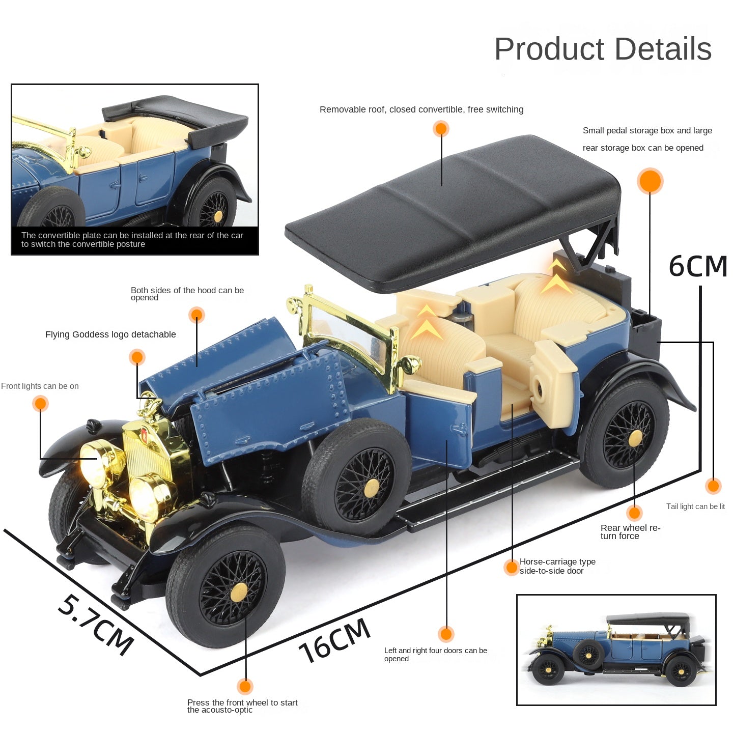 XHD 1:32 Scale Rolls-Royce Phantom I Die-Cast Alloy Model Toy - Removable Roof, Opening Doors, Sound & Light, Pull-Back Function - Vintage Luxury Collection