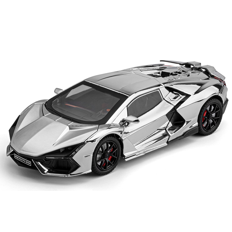 Chezhi 1:24 Chrome Edition Die-Cast Alloy Model - Compatible with Lamborghini Revuelto - Flagship Hybrid Hypercar with Spray Effect, Opening Doors, Sound & Light, Pull-Back Action, Shock Absorption & Adjustable Rear Wing