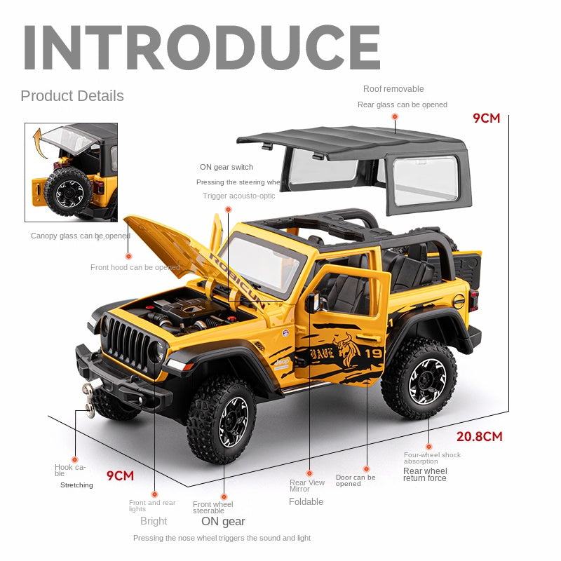 Chezhi 1:24 Die-Cast Alloy Model - Compatible with Jeep Wrangler Off-Roader - Feature-Packed with Removable Roof, Extendable Winch, Opening Doors, Realistic Sound & Light, Pull-Back Action, Shock Absorption & Steering