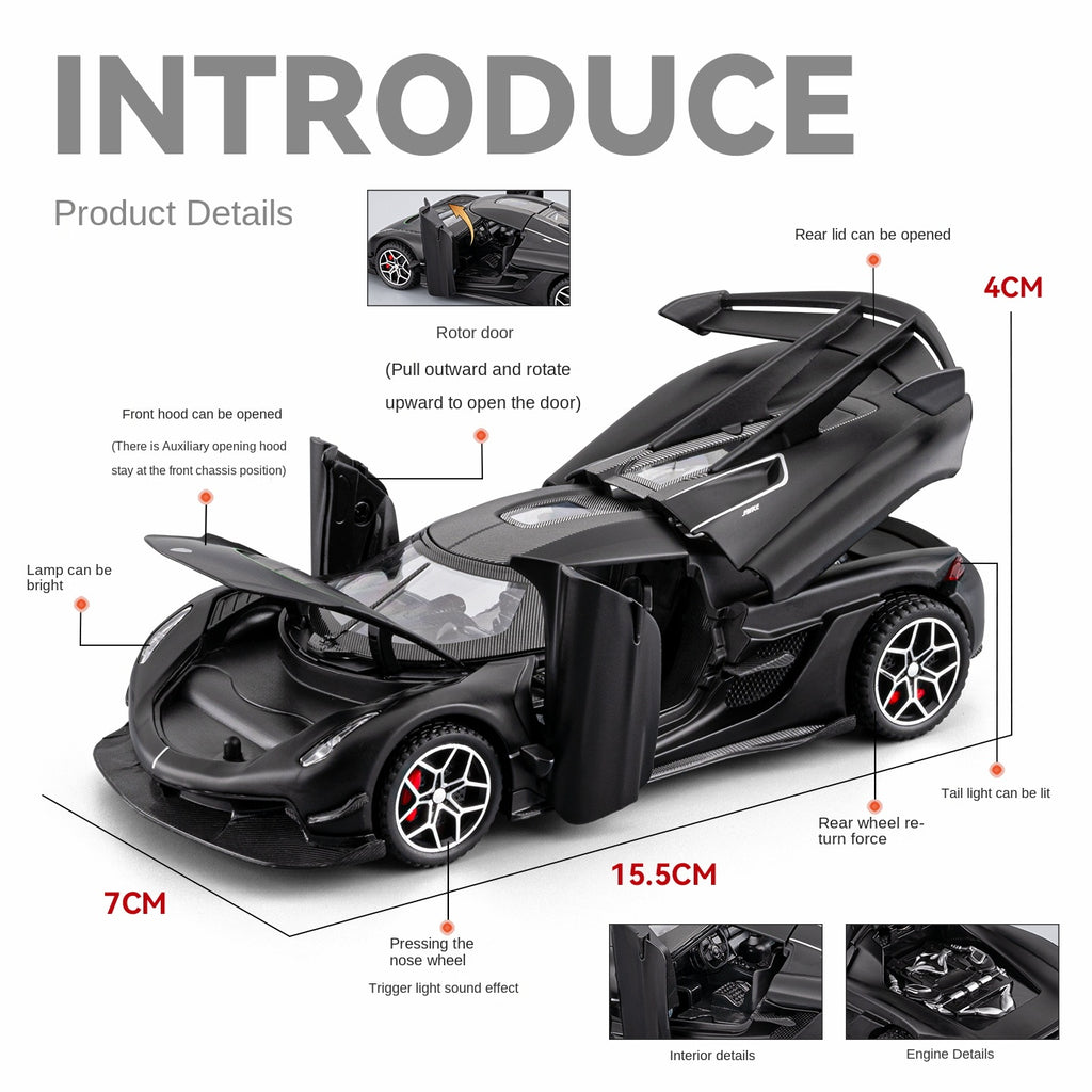 Chezhi 1:32 Scale Die-Cast Alloy Model Toy Compatible with Koenigsegg Jesko - Opening Doors, Sound & Light, Pull-Back Function - Hypercar Collection