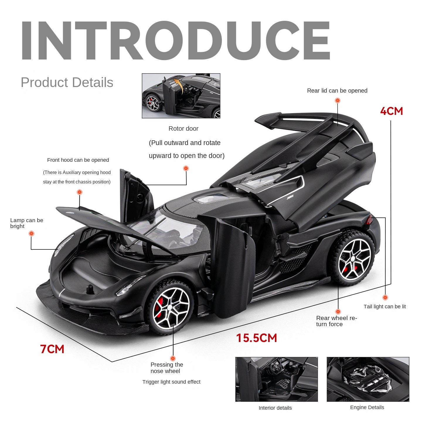 Chezhi 1:32 Scale Die-Cast Alloy Model Toy Compatible with Koenigsegg Jesko - Opening Doors, Sound & Light, Pull-Back Function - Hypercar Collection