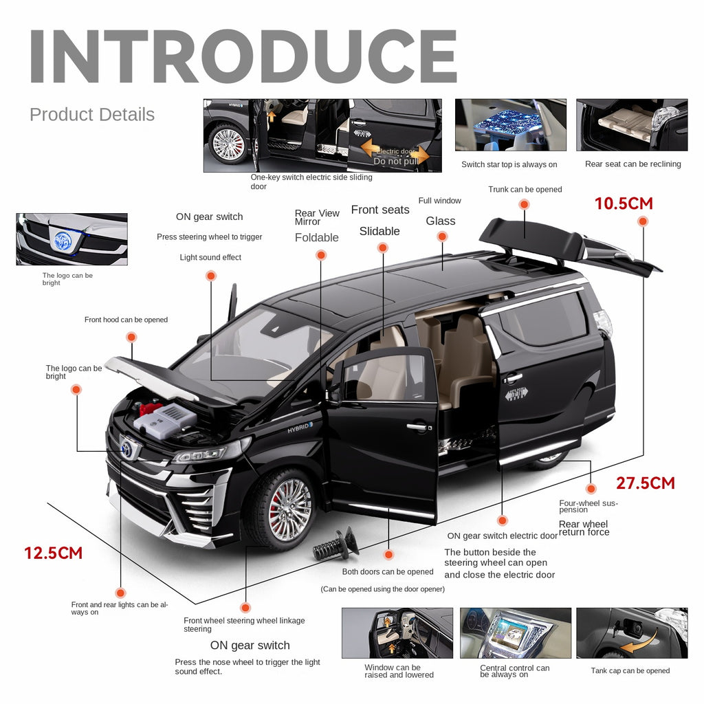 Chezhi 1:18 Scale Die-Cast Alloy Model Toy Compatible with Toyota Vellfire - Starlight Headliner, Power Sliding Doors, Manual Windows, Adjustable Seats, Opening Doors, Sound & Light, Pull-Back Function, Shock Absorption, Steering & Horn