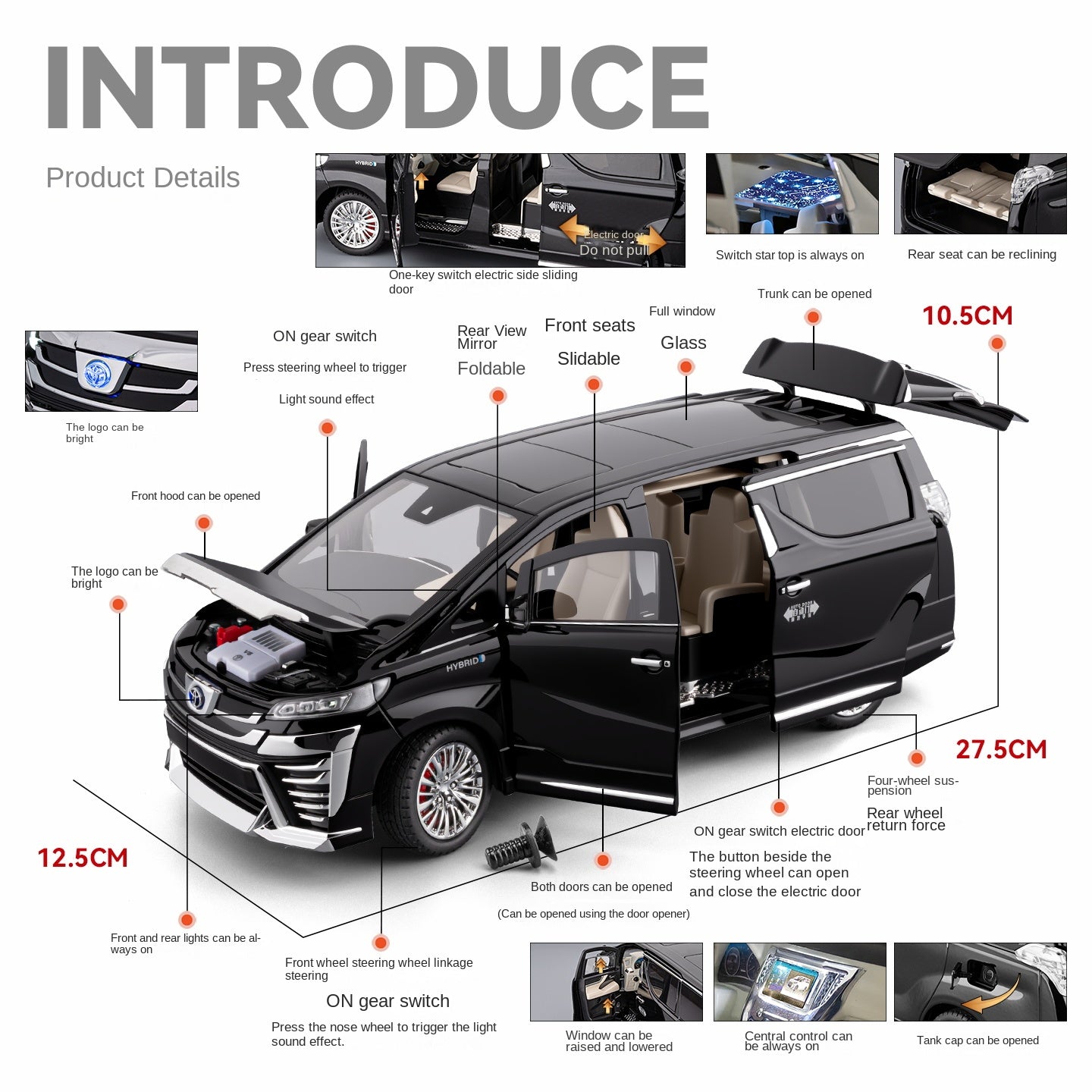 Chezhi 1:18 Scale Die-Cast Alloy Model Toy Compatible with Toyota Vellfire - Starlight Headliner, Power Sliding Doors, Manual Windows, Adjustable Seats, Opening Doors, Sound & Light, Pull-Back Function, Shock Absorption, Steering & Horn