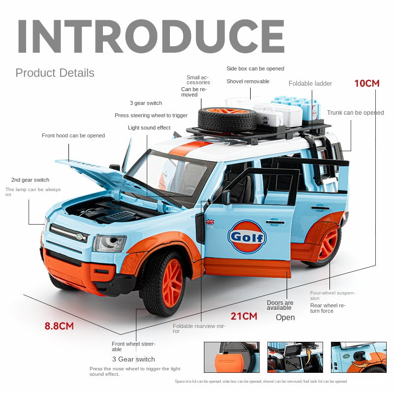 Beleying 1:24 Die-Cast Alloy Model - Compatible with Land Rover Defender - Gulf Oil / Camel Trophy Limited Edition with Roof Rack, Opening Doors, Sound & Light, Pull-Back Action & Shock Absorption