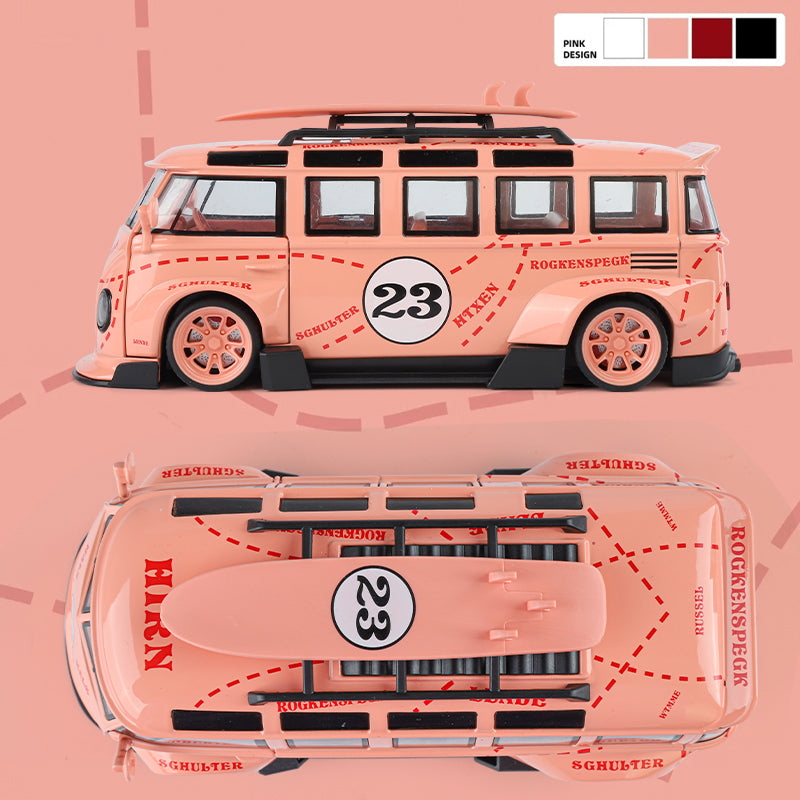 XHD 1:24 Die-Cast Alloy Model - Compatible with Volkswagen T1 Bus - Retro Camper Edition with Removable Roof Rack, Opening Doors, Sound & Light, Pull-Back Action, Shock Absorption & Horn