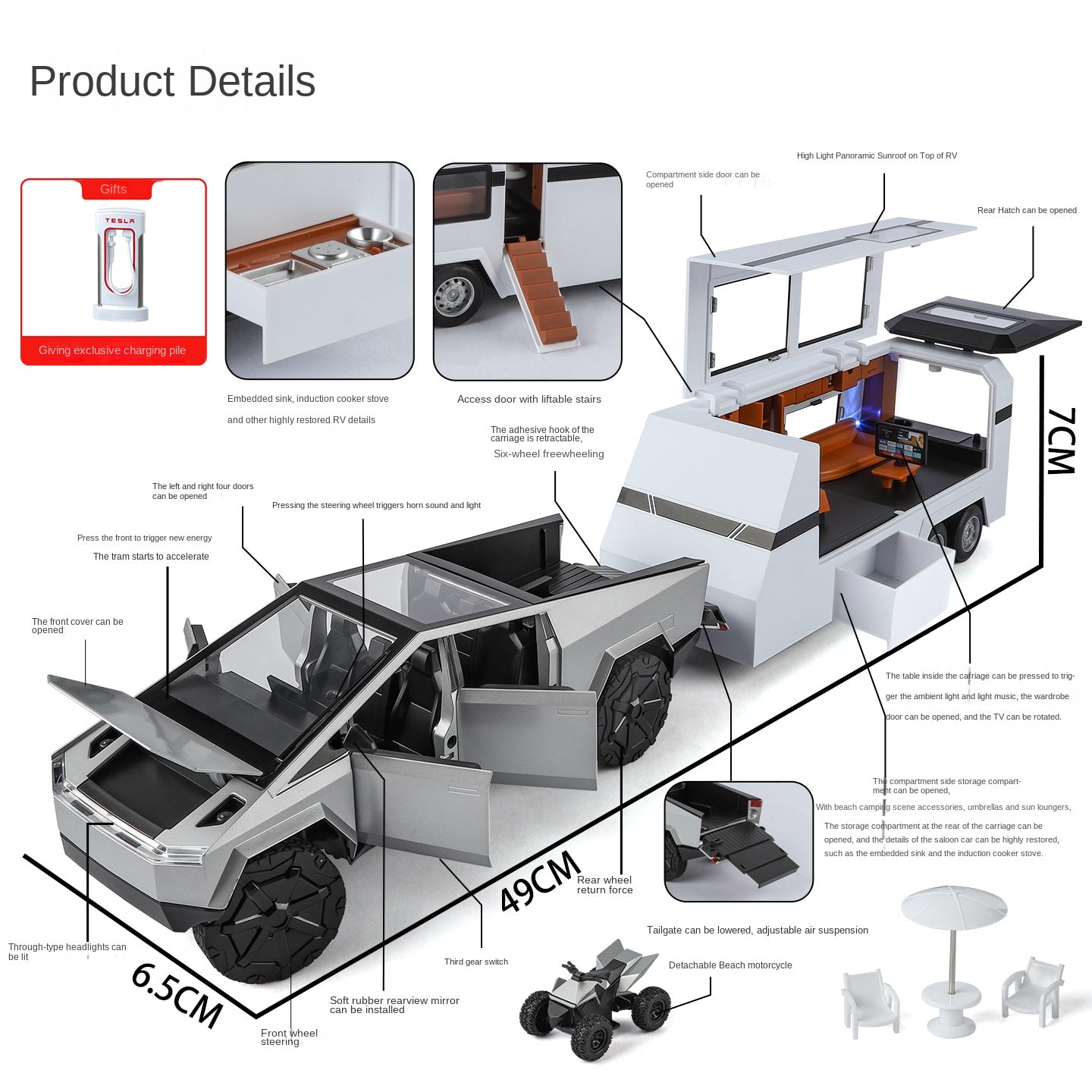 Modelo de juguete de aleación Tesla Cybertruck Camper a escala 1:24 XHD con minimoto, estación de carga y accesorios - Colección de vehículos eléctricos de aventura