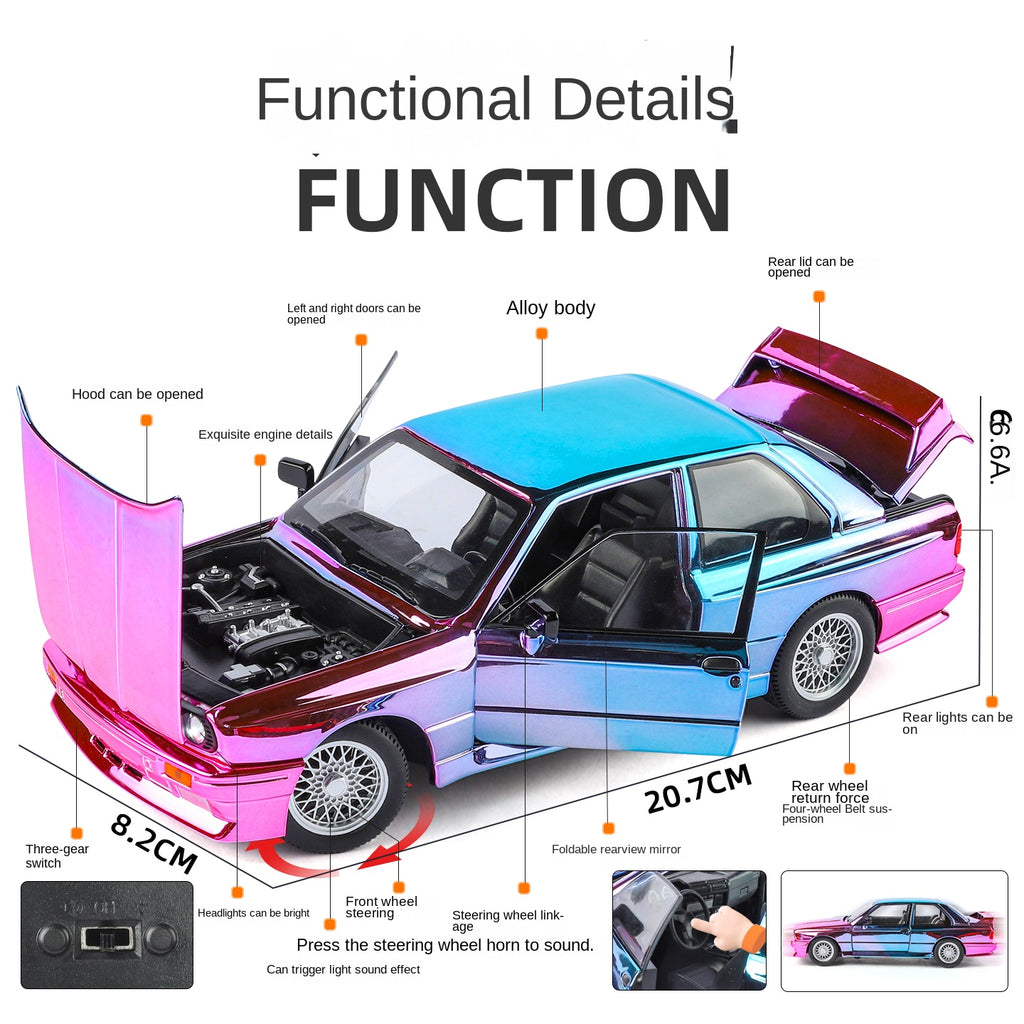 Jinglifang 1:24 Scale Chrome Edition Die-Cast Alloy Model Toy Compatible with BMW M3 - Opening Doors, Sound & Light, Pull-Back Function, Shock Absorption, Steering, Horn & Foldable Mirrors - Sports Car Collection