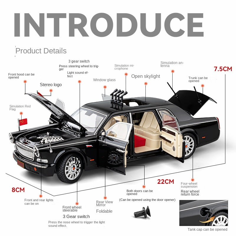 Chezhi 1:24 Licensed Hongqi CA7600J Parade Review Car Die-Cast Alloy Model - Official Chinese State Ceremony Vehicle with Opening Doors, Sound & Light, Pull-Back Action, Shock Absorption, Steering, Horn, Foldable Mirrors & Opening Fuel Cap