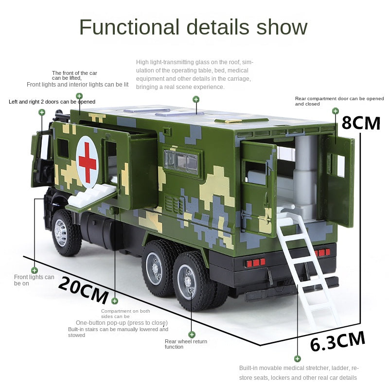 XHD 1:35 Scale Military Ambulance Die-Cast Alloy Model Toy with Red Cross Decals & Medical Equipment Simulation - Opening Doors, Sound & Light, Pull-Back Function - Military Vehicle Collection