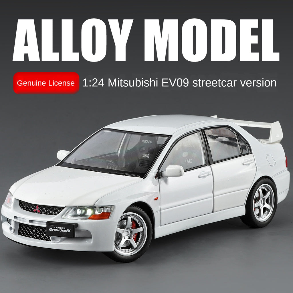 Mitsubishi Lancer Evolution IX, modelo de aleación fundida a presión con licencia a escala 1:24 de Jinglifang: puertas que se abren, sonido e iluminación, función de retroceso, amortiguación y dirección. Colección de autos deportivos JDM.
