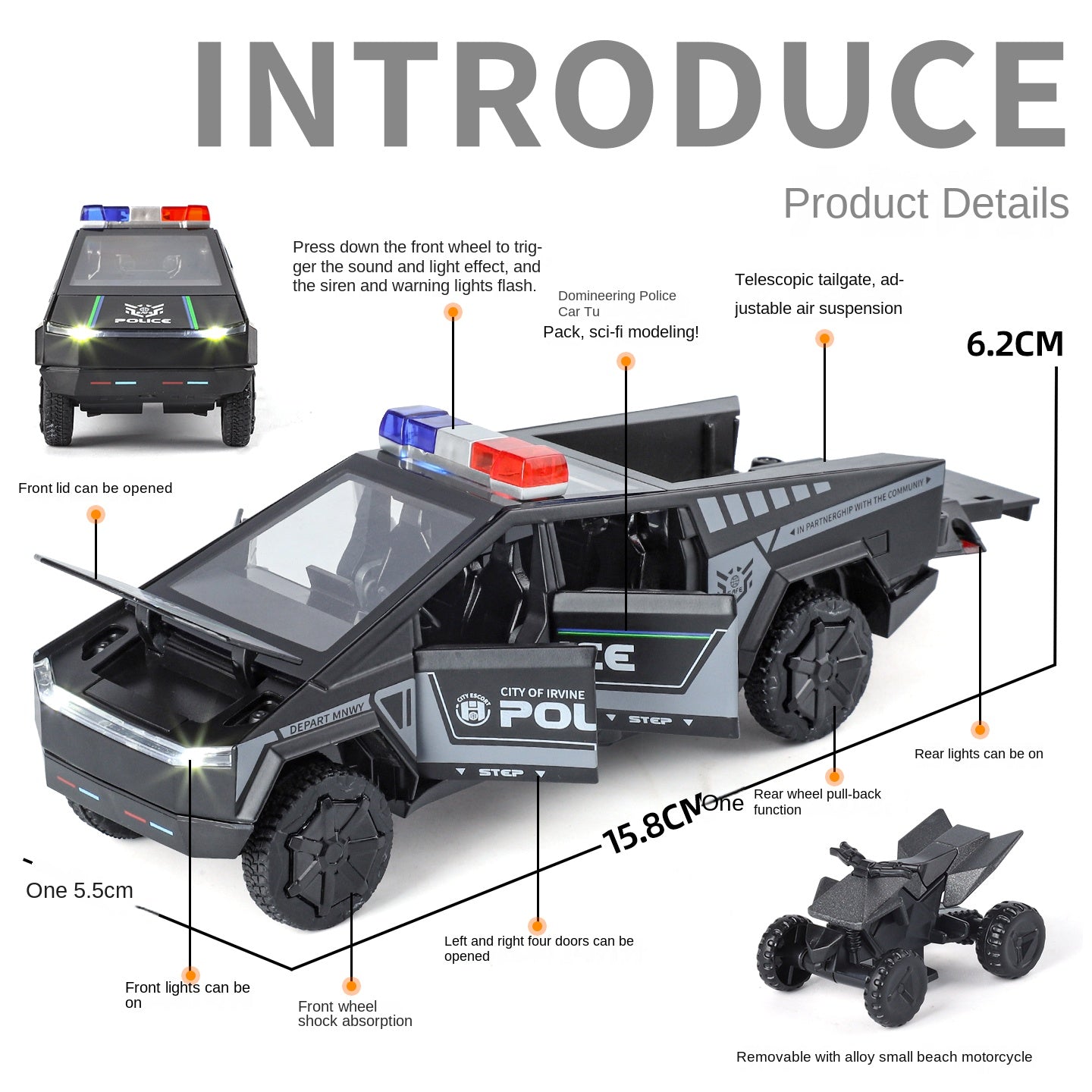 Tesla Cybertruck Police Edition - Maqueta de juguete de aleación fundida a presión a escala 1:32 XHD con motocicleta de juguete: puertas que se abren, sonido e iluminación, función de retroceso y amortiguación - Colección de vehículos policiales